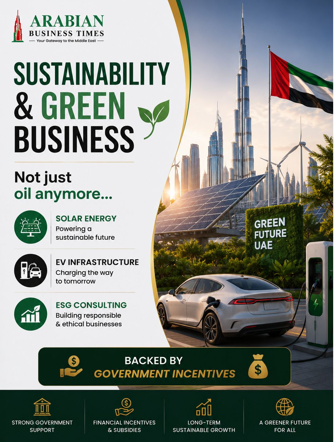 Top Business Opportunities in UAE for 2026 7 Green business opportunities in UAE 2026 including renewable energy, ESG consulting, electric vehicle infrastructure, and sustainability solutions.
