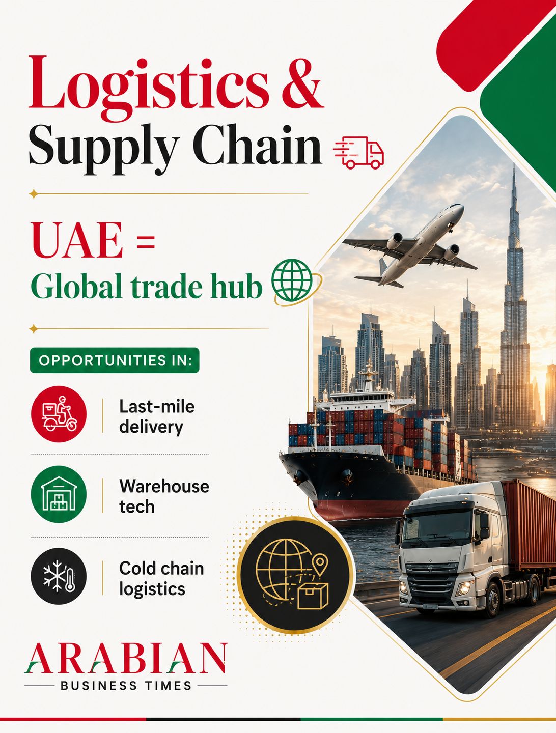 Top Business Opportunities in UAE for 2026 10 Logistics and supply chain opportunities in UAE 2026 featuring smart logistics, warehouse automation, fleet management, and delivery technology.
