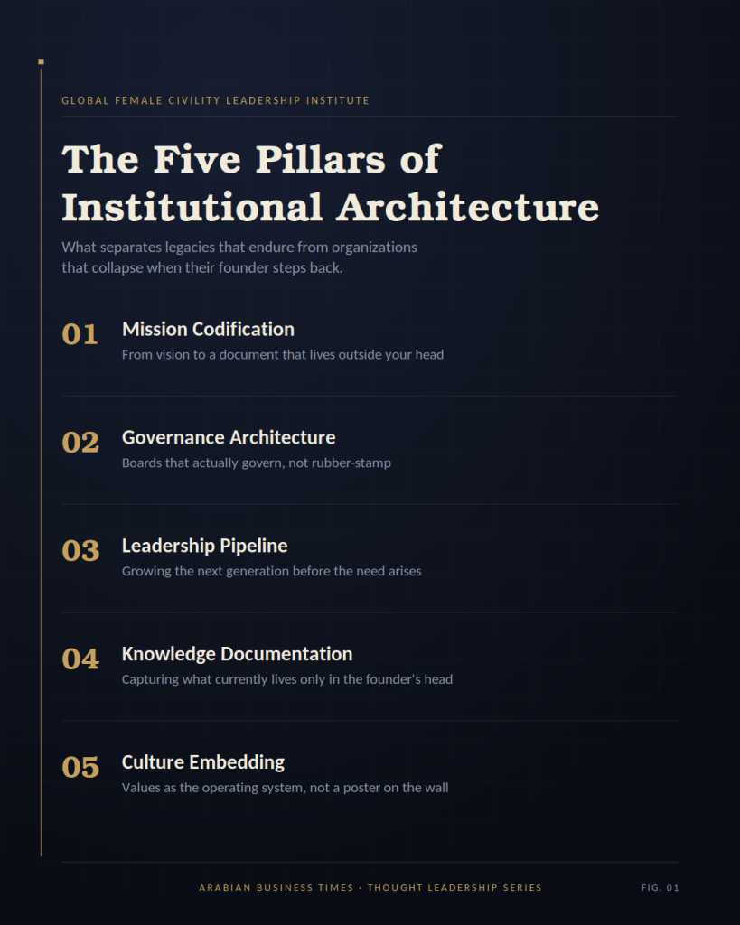 The Five Pillars of Institutional Architecture: Mission Codification, Governance Architecture, Leadership Pipeline Development, Institutional Knowledge Documentation, and Culture Embedding